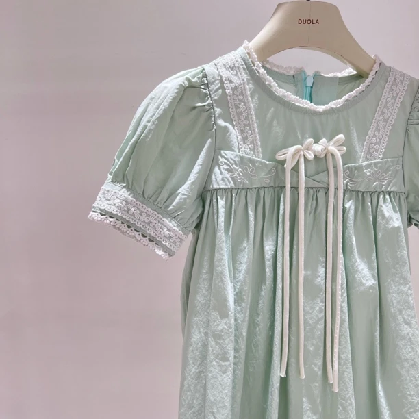 FL117女童棉布夏季夏款连衣裙森系国风短袖甜美绿色时尚薄款