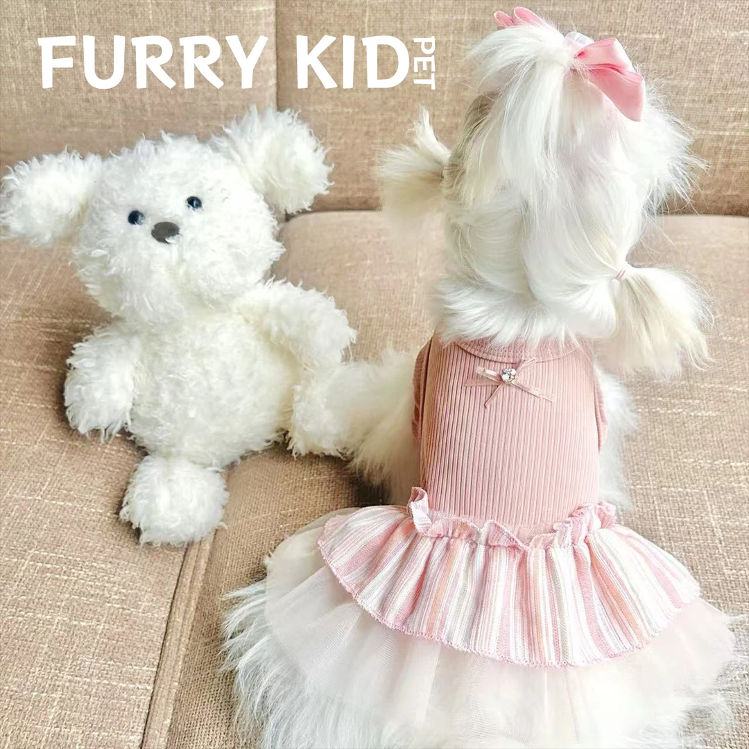 FURRYKID「梦幻花园」针织条纹薄纱蝴蝶结多裙摆宠物衣服柔肤竖彩条