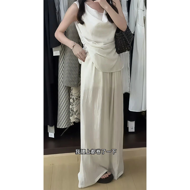 法式老钱风夏季荡领休闲百搭时髦无袖上衣高腰垂感直筒裤阔腿裤女