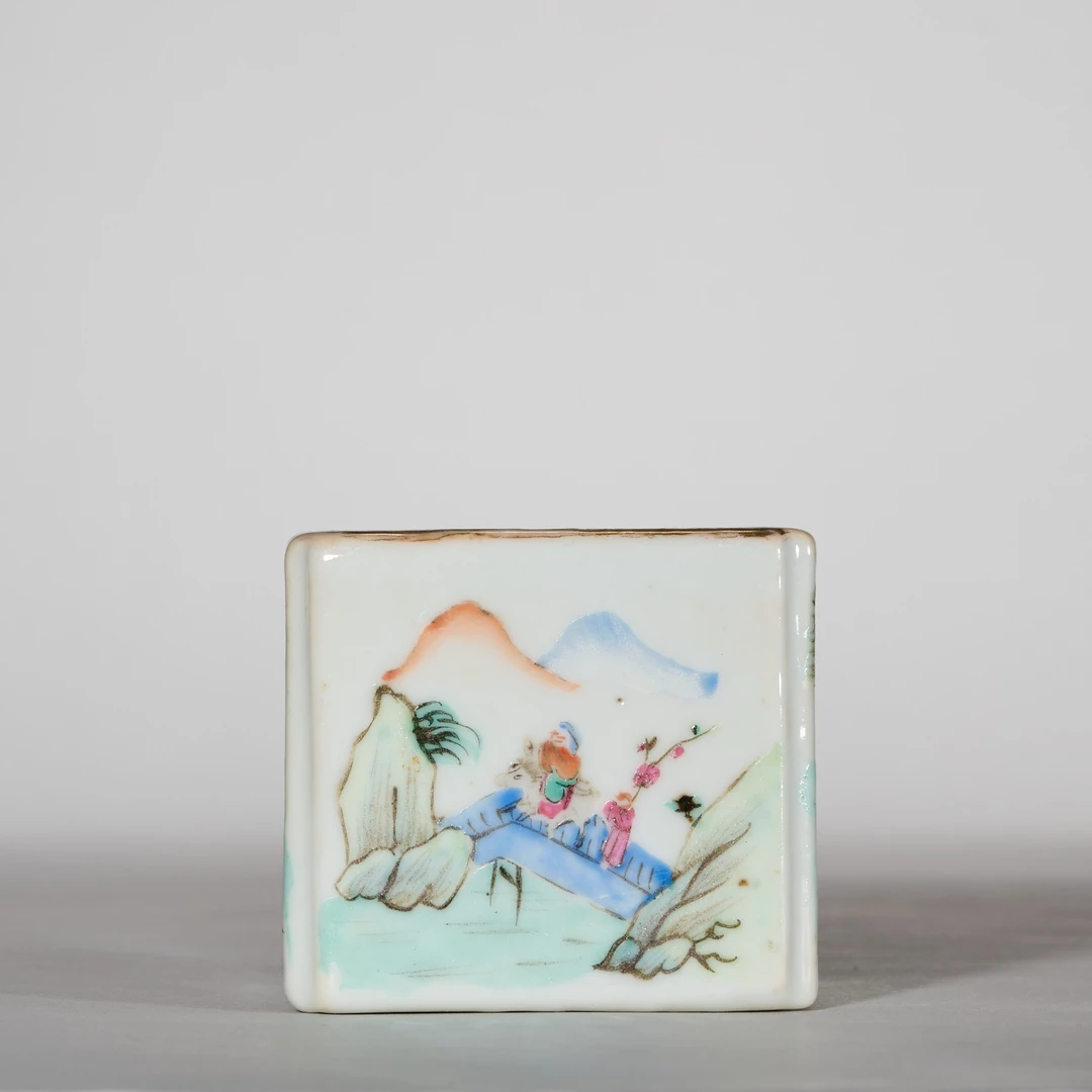 5415清同治·粉彩渔樵耕读四方笔洗【古董拍卖】