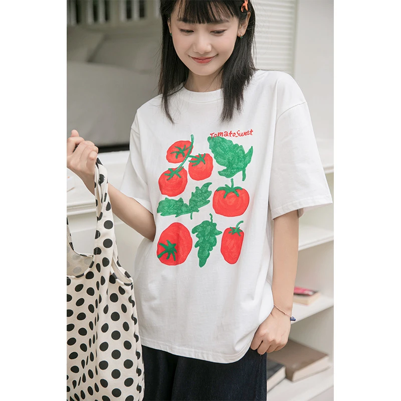 卡农家  番茄印花休闲短袖t恤女夏新款独特宽松圆领纯棉上衣百搭