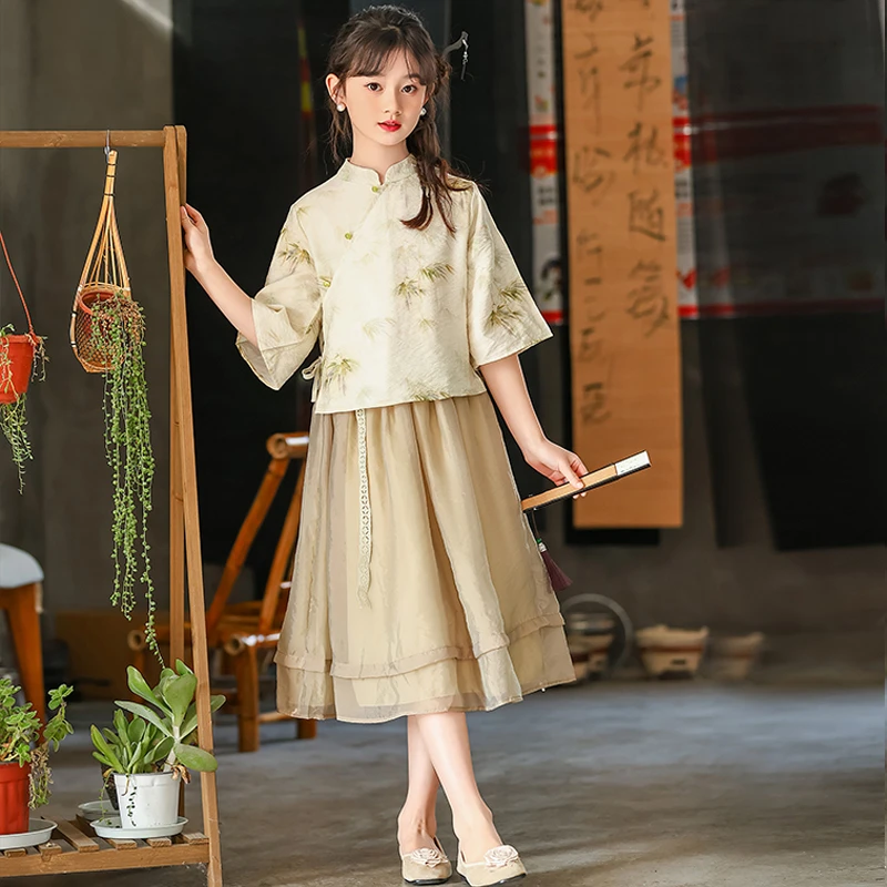 女童新中式中国风碎花连衣裙襦裙古装裙子民族风春秋套装唐装