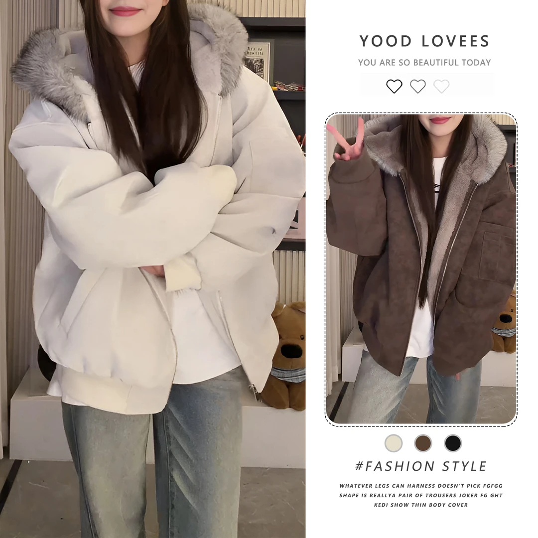 2025冬季新款设计感撞色宽松连帽可拆卸毛领棉服减龄毛毛情侣外套