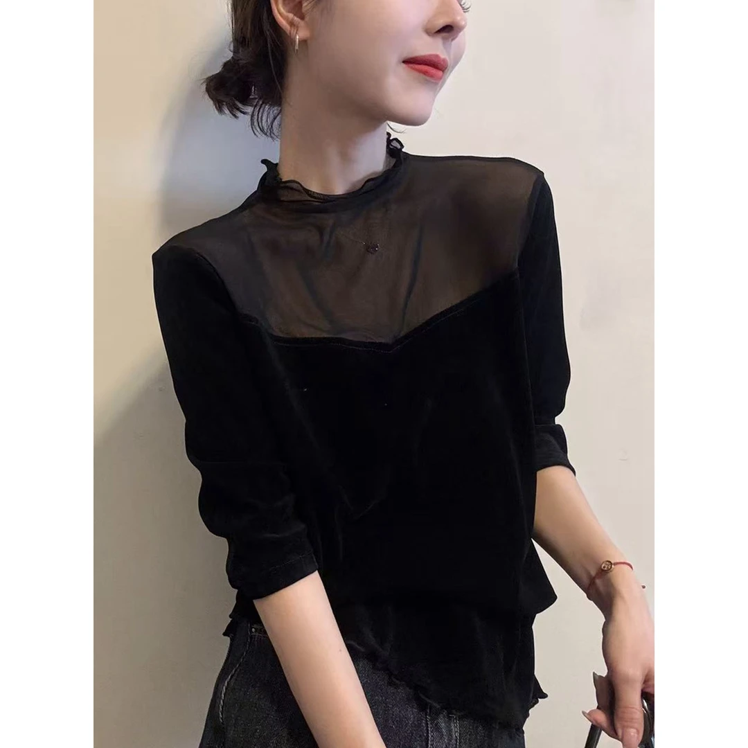 MISSQ 303半高领木耳边网纱拼接丝绒长袖T恤秋减龄显瘦打底衫上衣