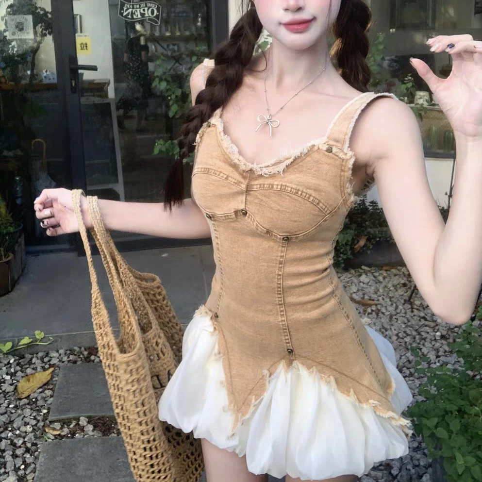 性感辣妹套装美式甜辣妹复古牛仔吊带背心女花苞半身裙蕾丝显瘦