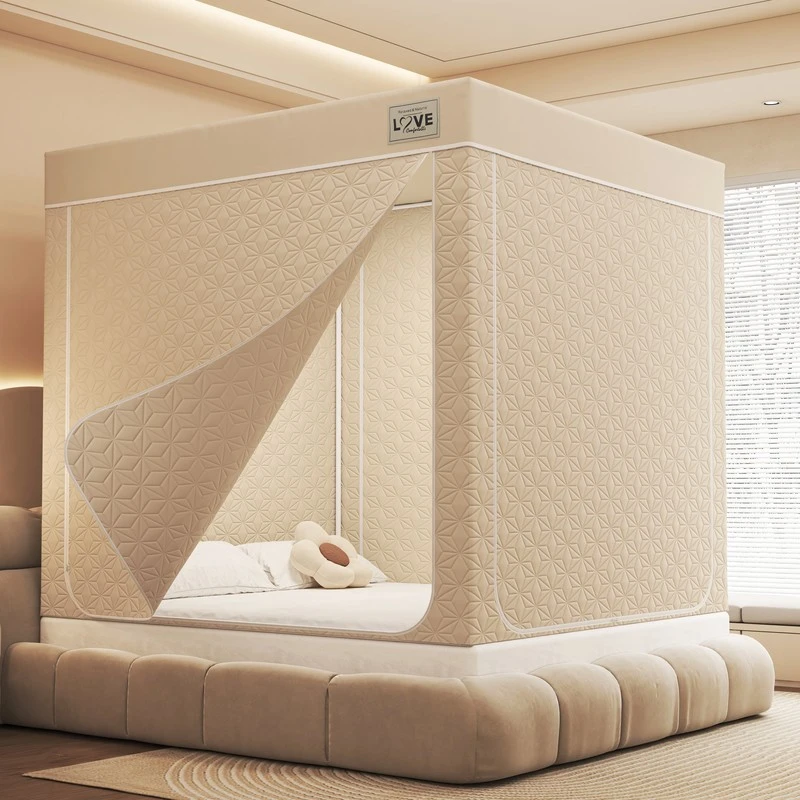 加厚保暖五面夹棉床帘床幔遮光防风帐篷室内防寒回底三开门拉链帐