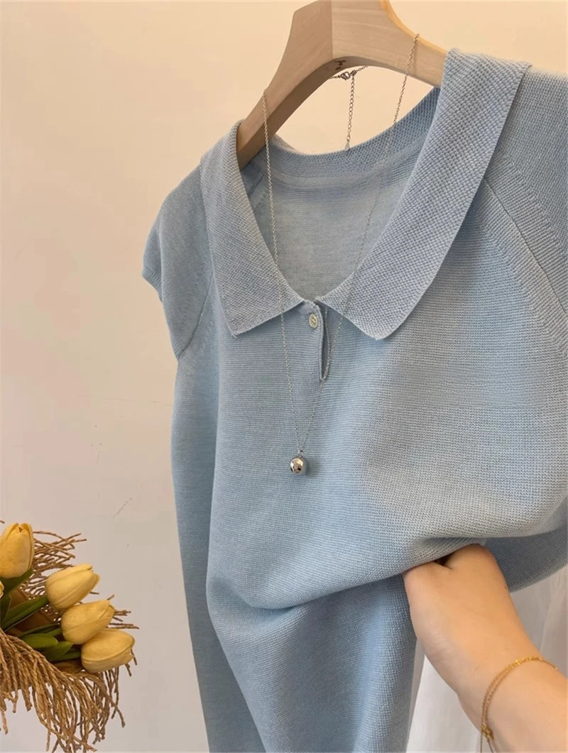 飞飞袖针织衫一粒扣设计感翻领薄款罩衫女夏季学院风宽松上衣