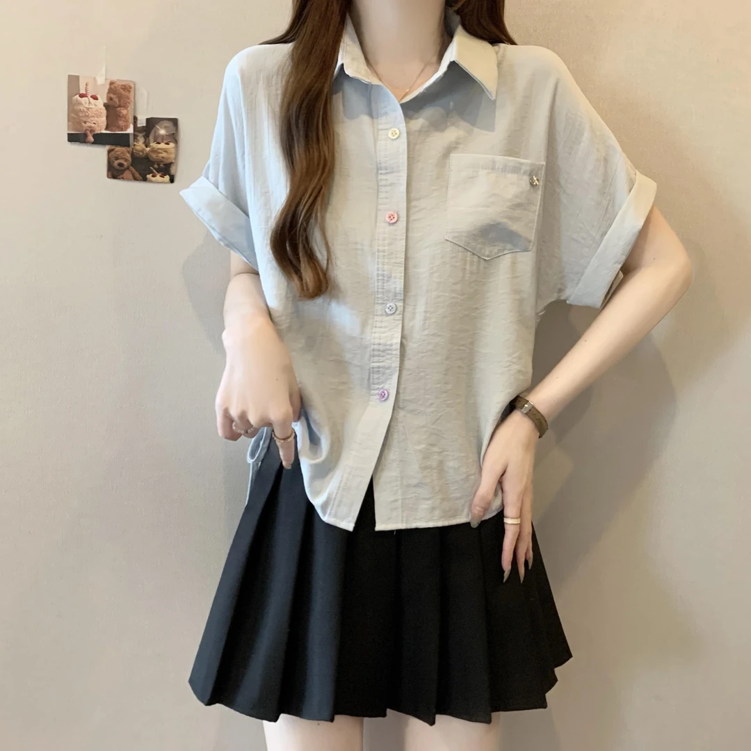 大码设计感抽绳正肩短袖衬衫女夏胖MM宽松洋气减龄百搭POLO领上衣