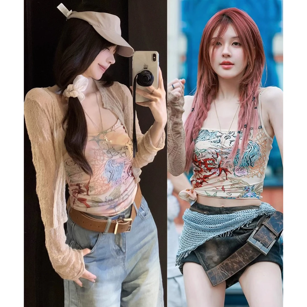 纯欲复古印花吊带背心女夏季薄款蕾丝开衫外套两件套 9021#