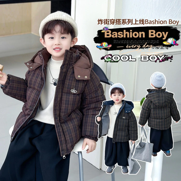 韩版男童格子棉服2025新款冬季加厚棉袄儿童夹棉外套加绒宝宝棉衣