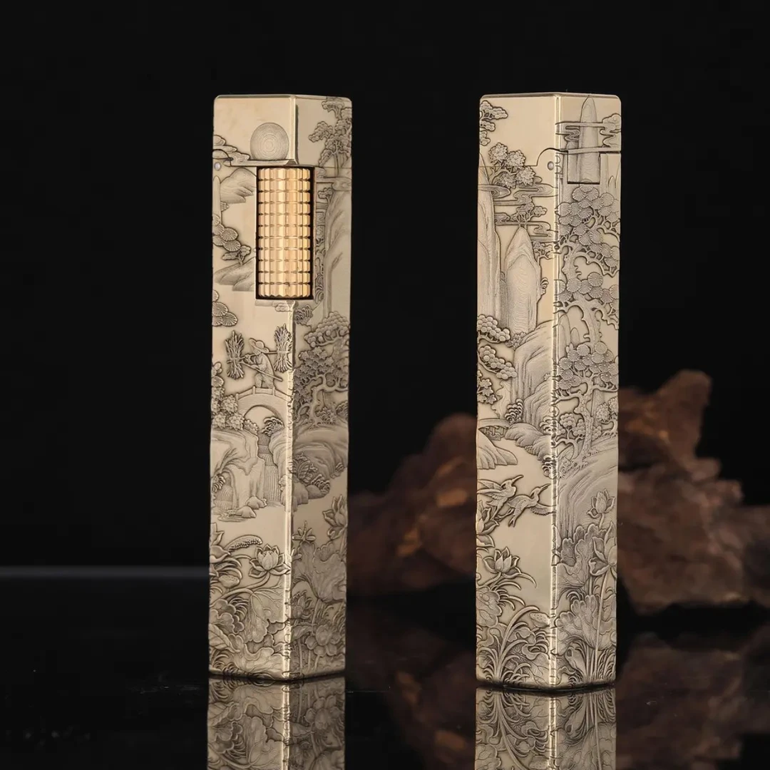 侧滑山水画四方柱精雕浮雕工艺黄铜机