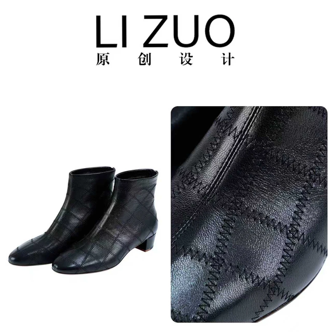 胖姐的时尚大码新款羊皮真皮格子后拉链粗跟英伦风短靴10066