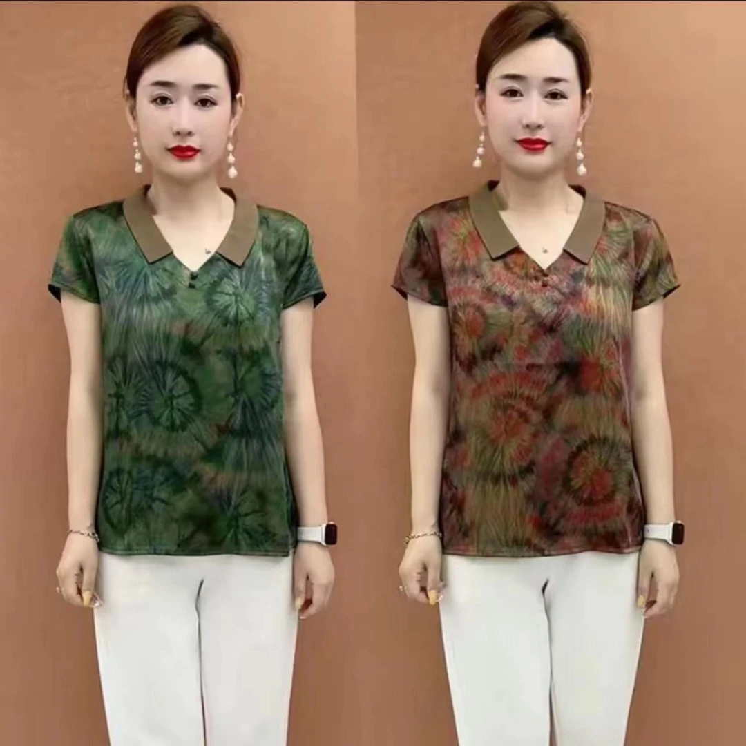 中国风翻领民族风港风中老年女装妈妈装晕染温婉风气质夏季大码