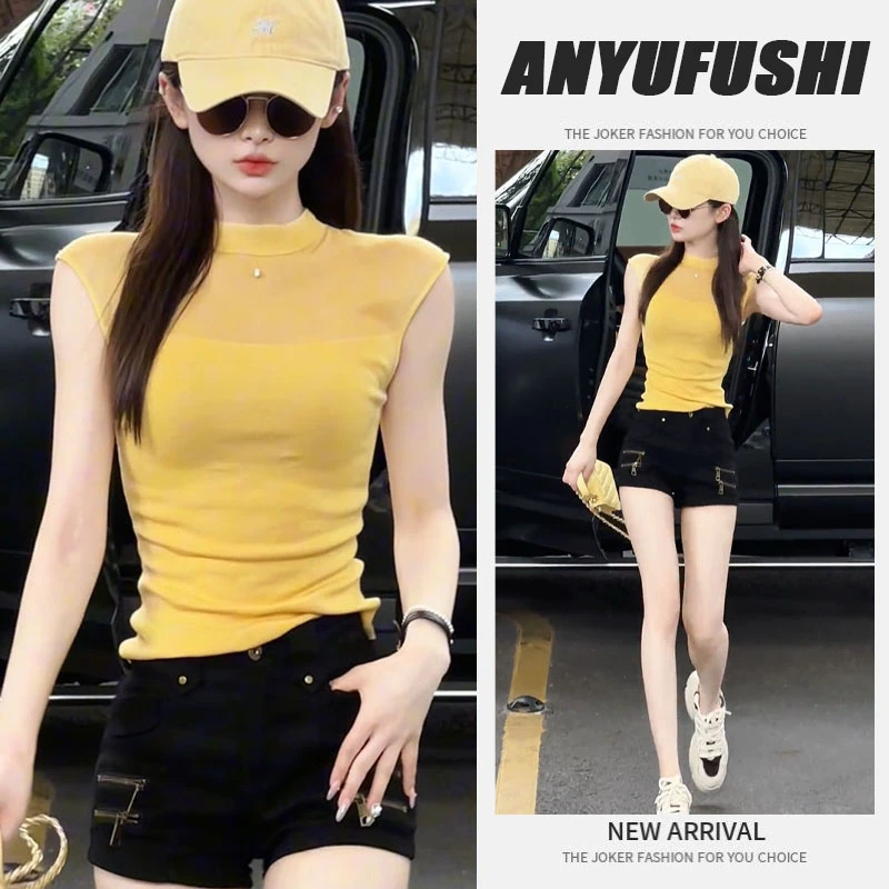 夏季穿搭一整套2025新款时尚辣妹网纱拼接针织无袖背心牛仔短裤子