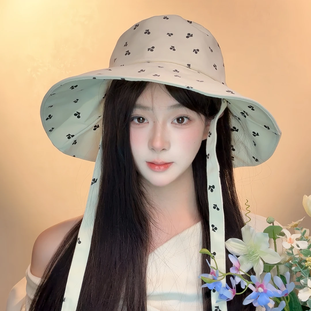 新款渔夫帽25樱桃帽女百搭绑带小清新遮阳度假盆帽出游大帽檐洋气
