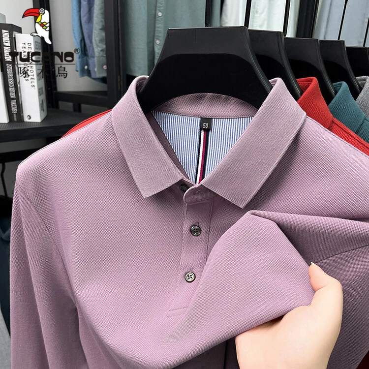 啄木鸟春秋季男士翻领polo衫休闲宽松上衣中青年长袖纯色潮流T恤