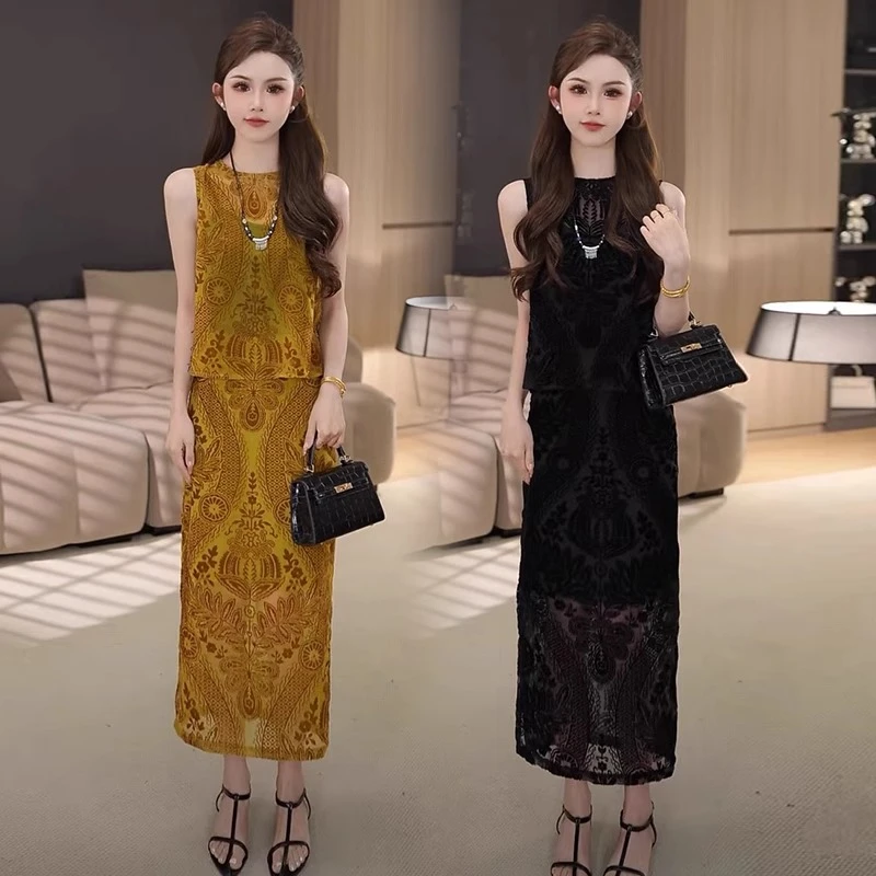 气质套装裙女夏季洋气显瘦设计感无袖后背开叉上衣提花裙子两件套