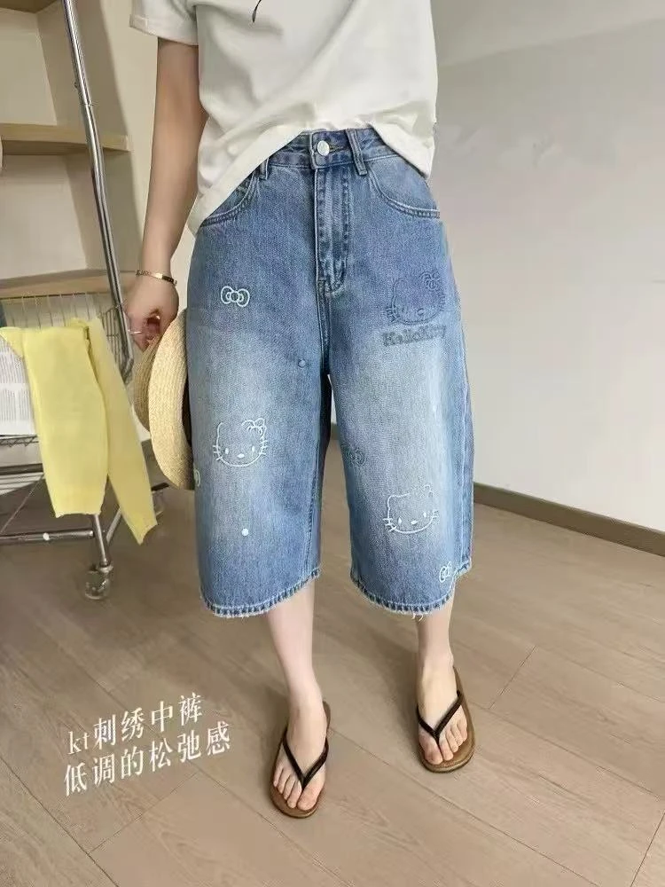 【18278】#重工刺绣KT猫宽松牛仔中裤