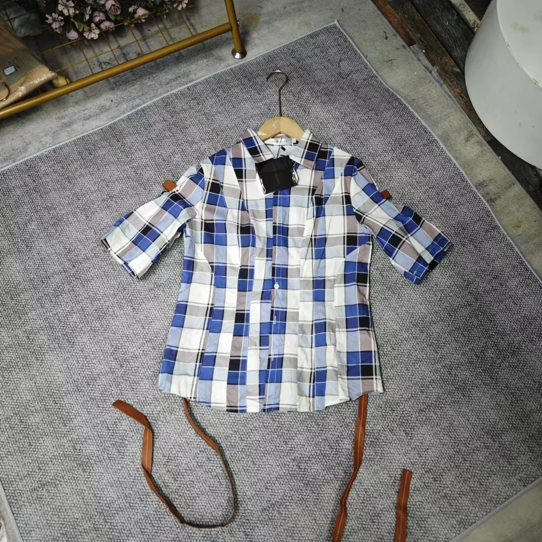 唯琳剪标 7仓S1-8-9015款 蓝白格子修身款短袖衬衫