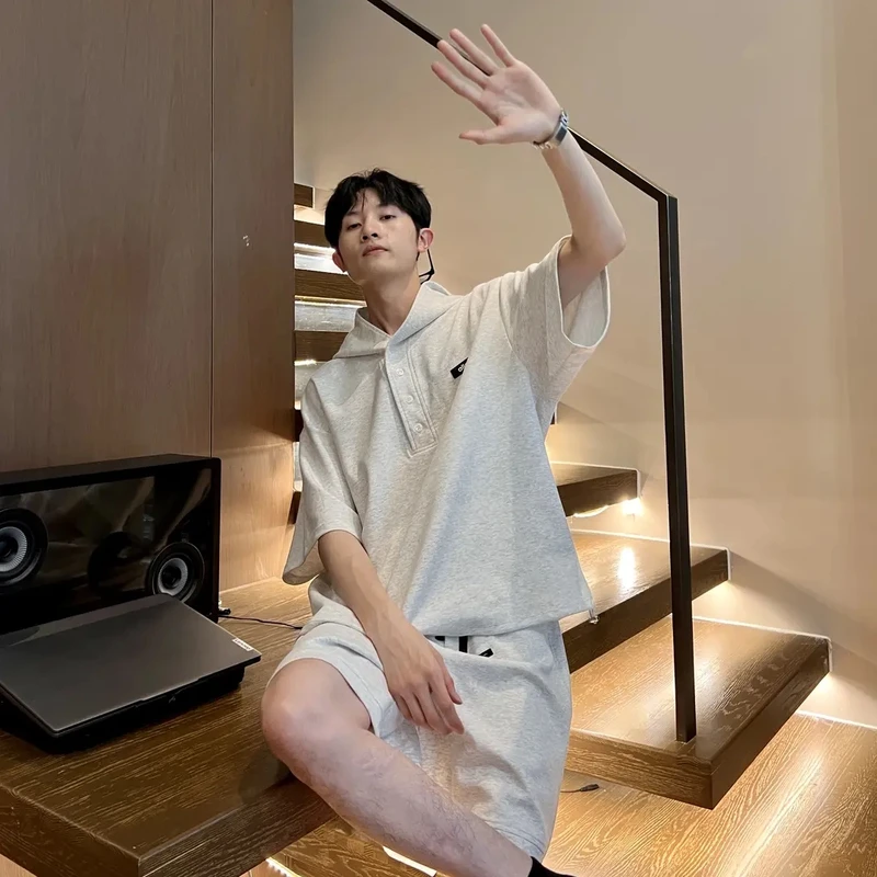 林社长2025夏装新款连帽宽松冰感透气液态棉短袖短裤套装情侣装