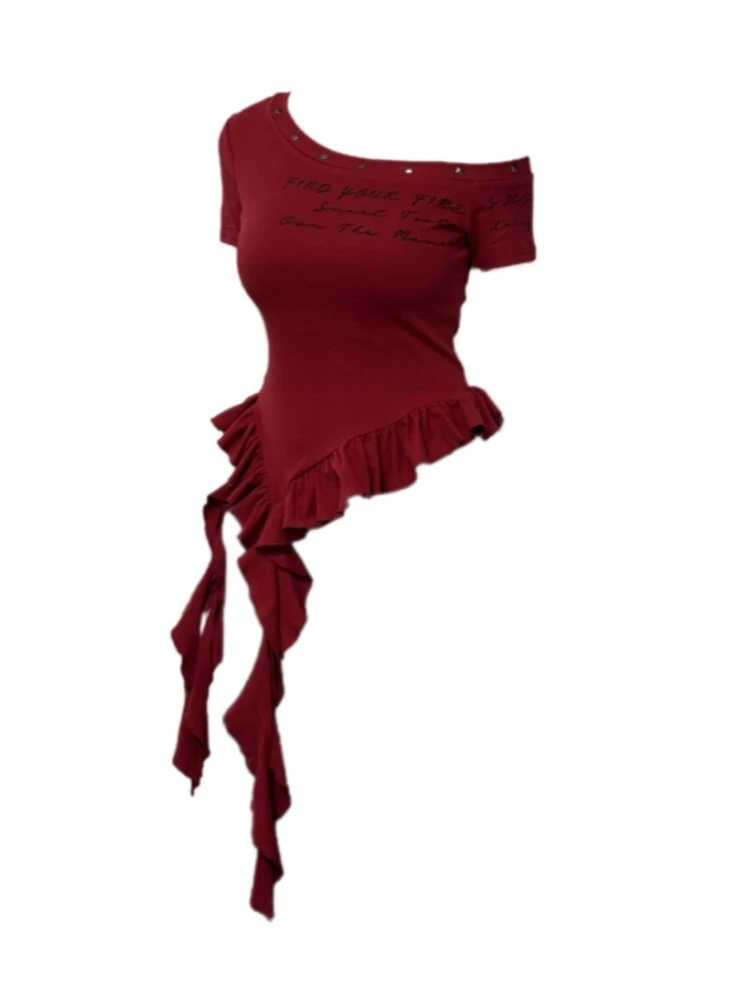 【Amy家】微胖mm纯欲辣妹斜肩飘带短袖T恤女夏季显瘦遮肉不规则上衣