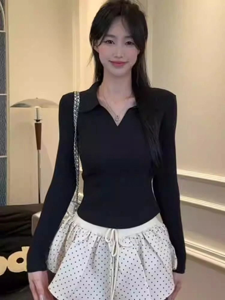 2025春秋季新款polo领长袖t恤女修身显瘦百搭小众打底衫通勤上衣