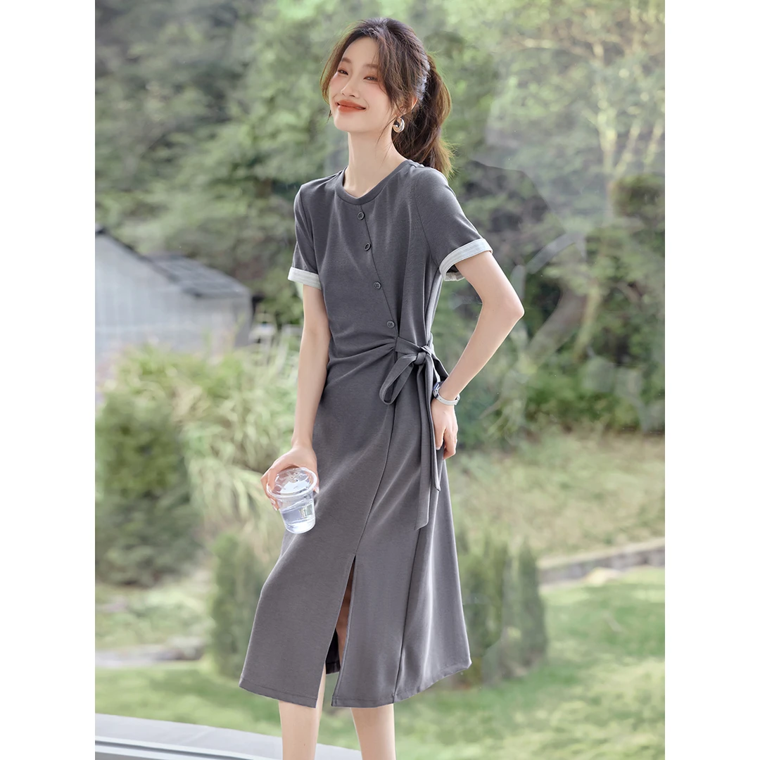 沫晗依美25夏新款都市通勤袖口拼接腰间绑带显瘦针织连衣裙女B026