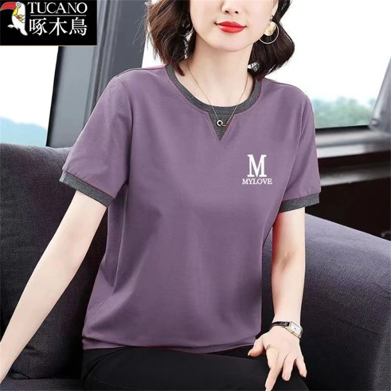 啄木鸟新款印花通勤T恤ins2025年夏季短袖减龄圆领撞色休闲上衣女