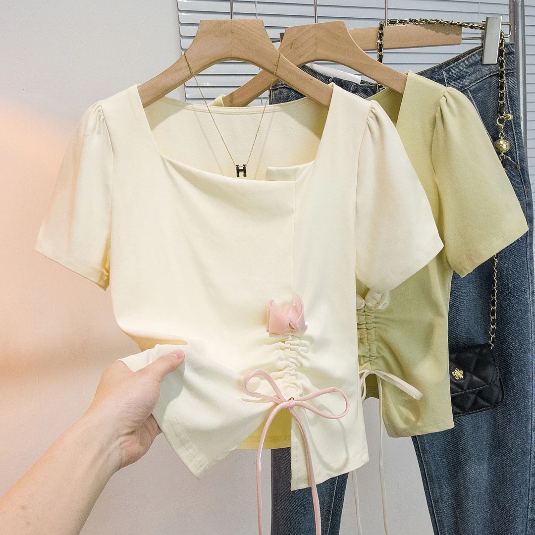 yoewshean/羽媗微胖妹妹大码女装新款法式甜美方领短袖T恤女上衣