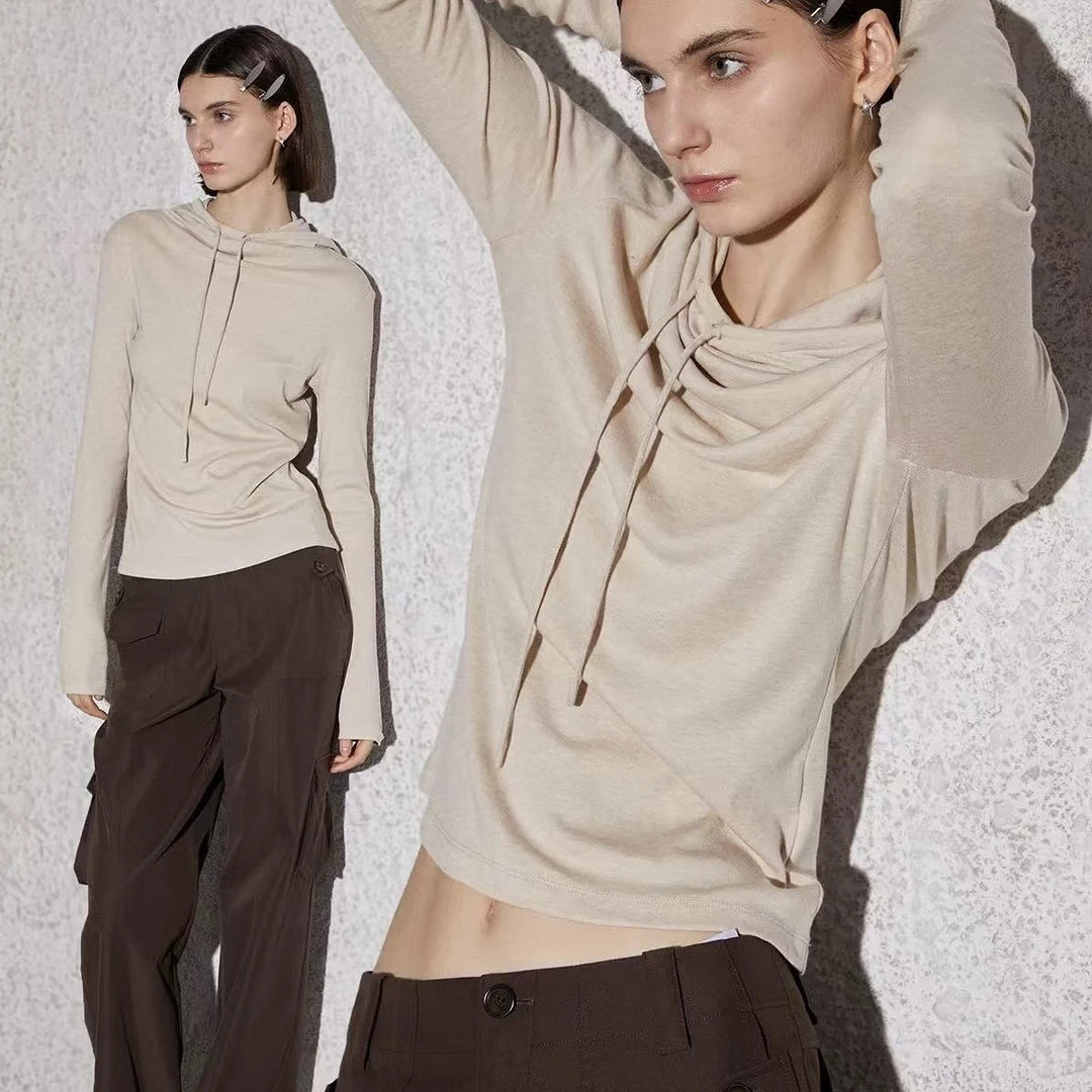 早春刚需慵懒气质显瘦百搭休闲带帽打底T恤女9065