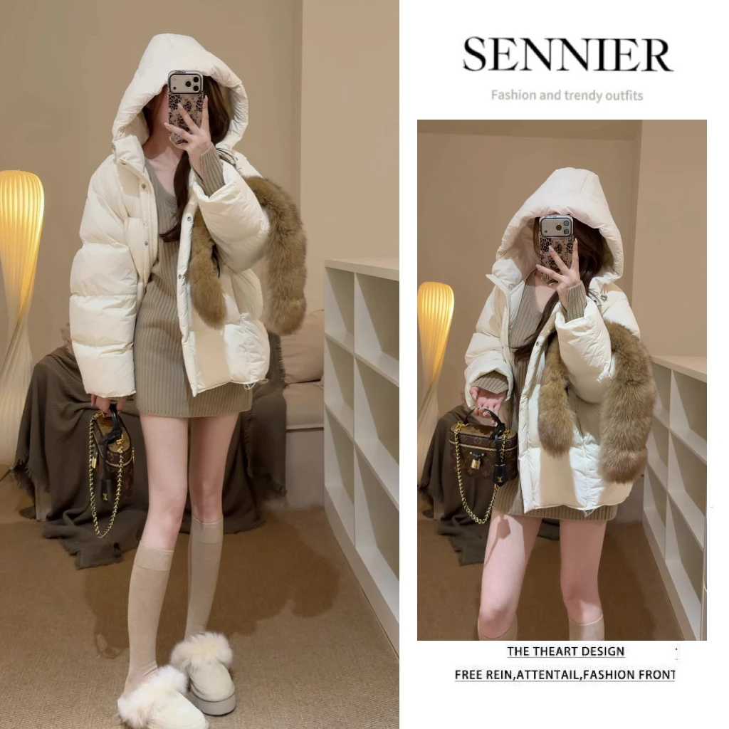冬季穿搭一整套2025新款韩版保暖连帽棉服外套针织连衣裙两件套装