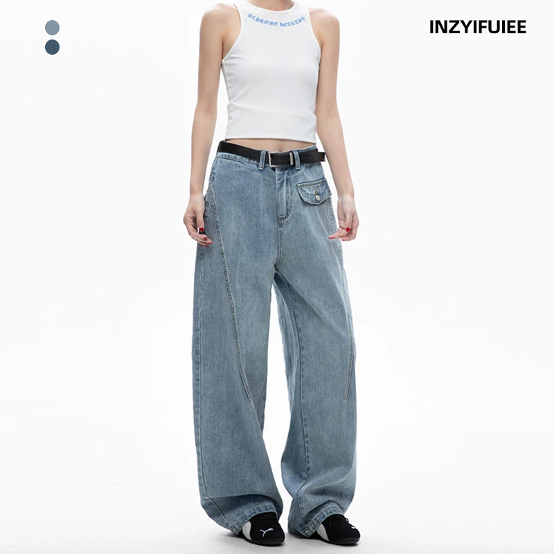 INZYIFUIEE复古设计感弯刀牛仔裤男女宽松直筒阔腿休闲潮流长裤