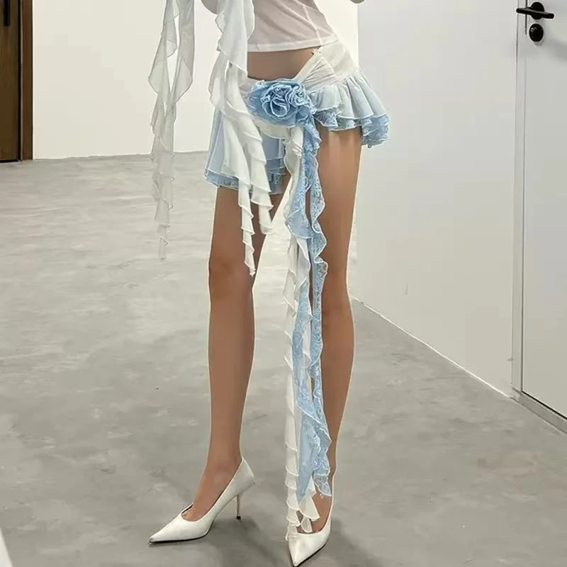 【Romantic】新款芭蕾风花朵装饰撞色超短显瘦荷叶半身裙