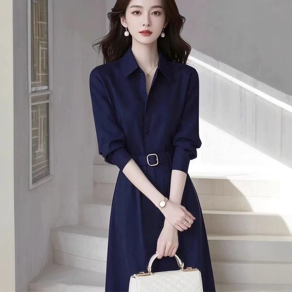 2025夏新款哥弟阿玛施正通勤收腰显瘦法式气质衬衫短袖连衣裙长裙