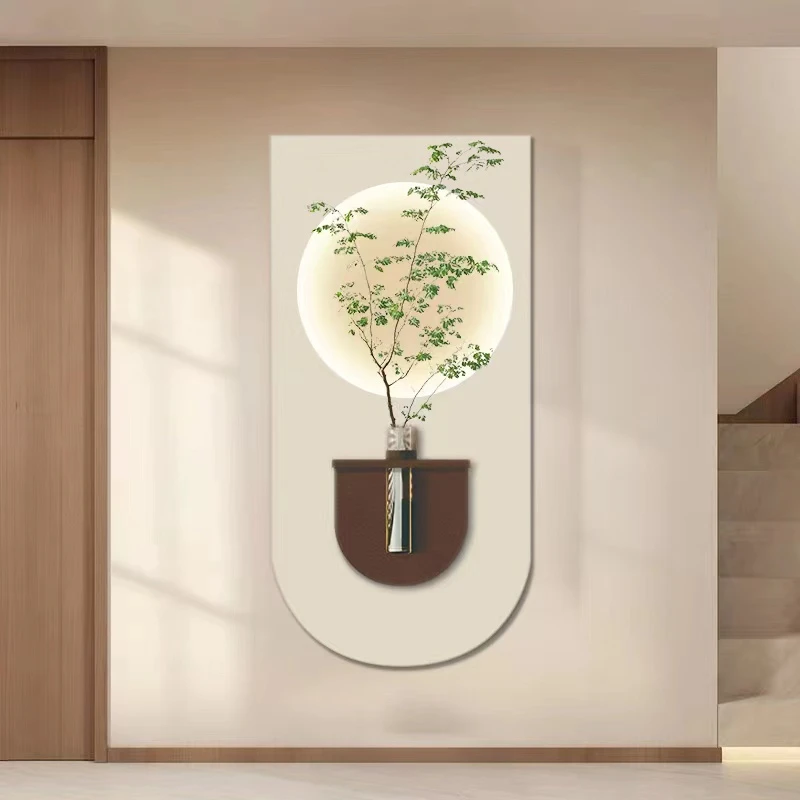 客厅背景墙带水培花瓶绿植装饰画立体砂岩入户玄关壁画氛围灯挂画