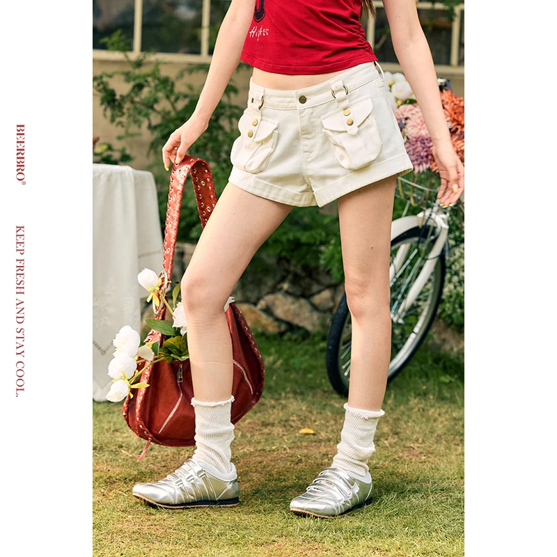 『玩乐夏日』全棉竹节料成衣酵磨白色工装超短裤BZ25XXX0262-1SP04C