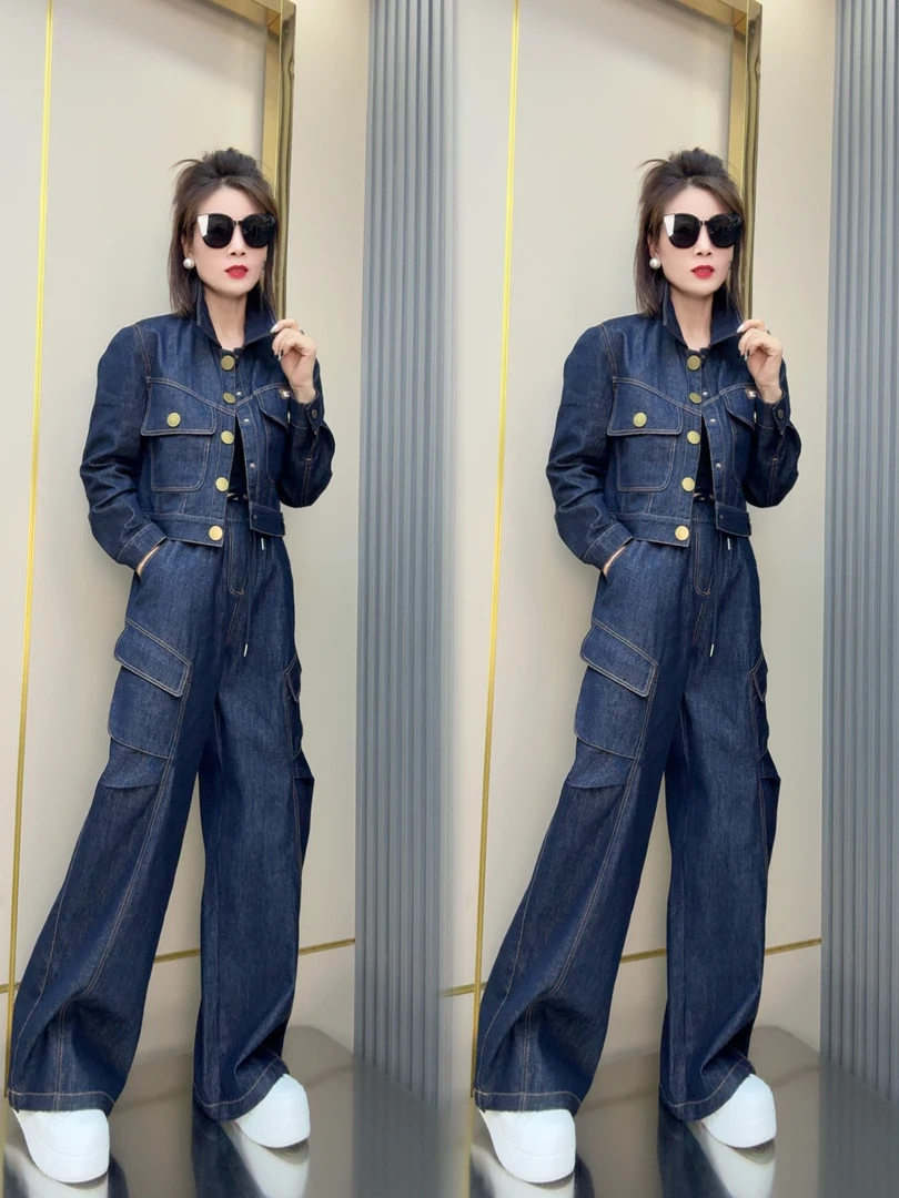 牛仔外套气质减龄拖地裤两件套