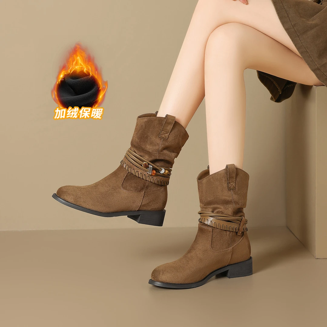 秋季复古秋冬休闲风保暖粗跟短靴单靴加绒磨砂时尚百搭厚底