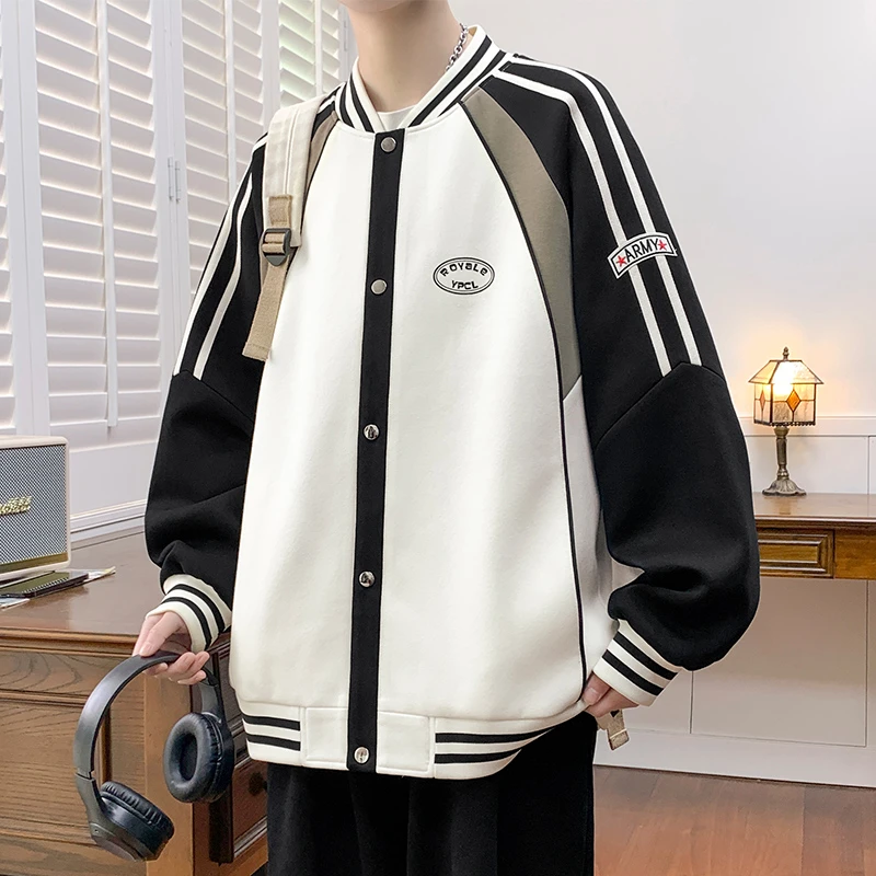 青少年中学生春秋季新款棒球领外套帅气男生潮流开衫休闲宽松夹克