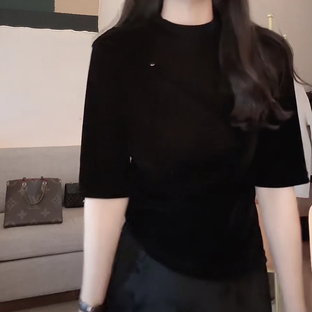 设计感立领植绒黑色短袖T恤女2025新款秋季显瘦简约气质时尚上衣