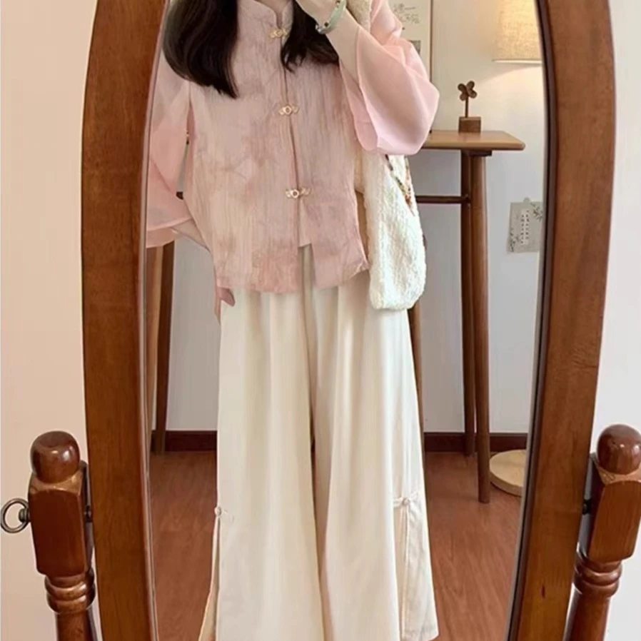 新中式禅意阔腿裤甜美衬衫秋季新款粉色薄纱国风开衫休闲时尚显瘦