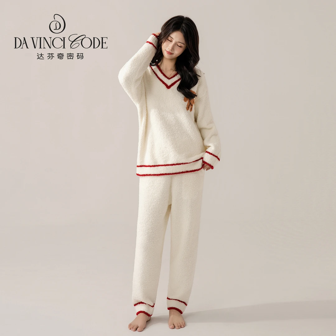 DAVINCIART【半边绒】男女情侣款小熊秋冬新款睡衣保暖毛绒家居服