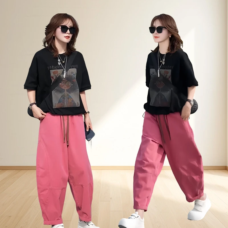 韩版小个子两件套夏季新款时尚高级感女装宽松九分裤显瘦短袖套装