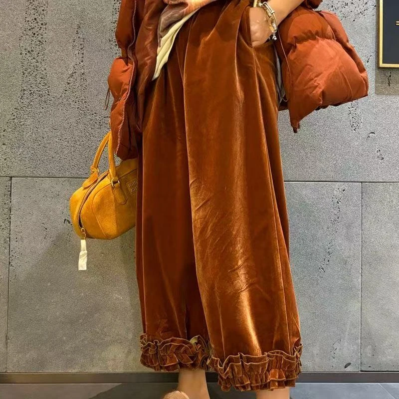 25189秋冬新款欧货小众木耳边花苞丝绒宽松休闲显瘦九分裤