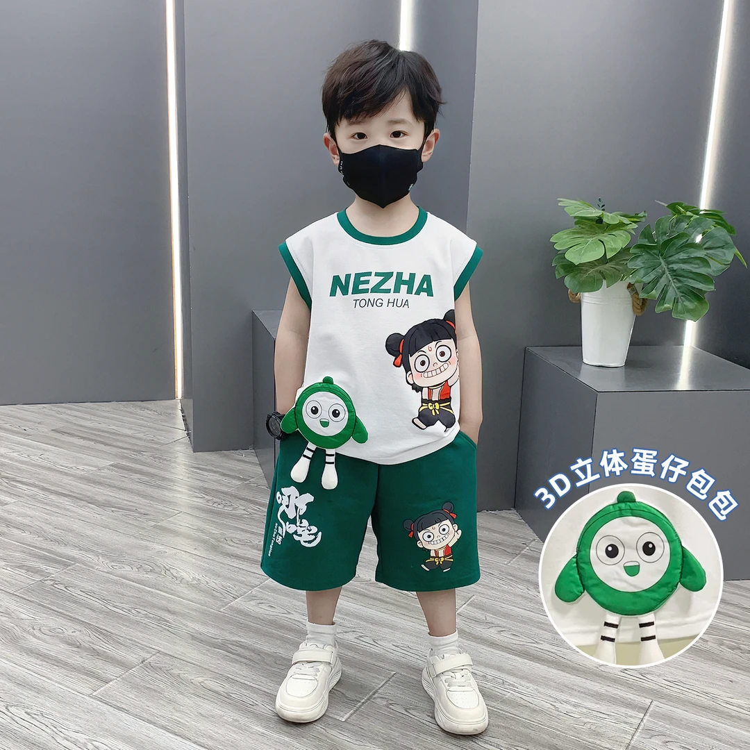 哪吒衣服男童夏季运动套装小童宝宝夏装卡通动漫儿童薄款无袖背心