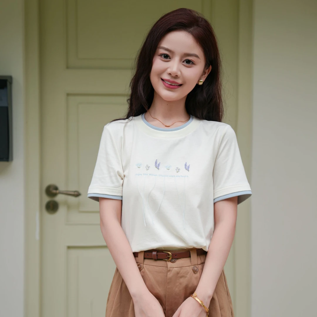 【恋夏穿搭】茵曼夏季植物图案撞色假T恤休闲百搭圆领短袖上衣