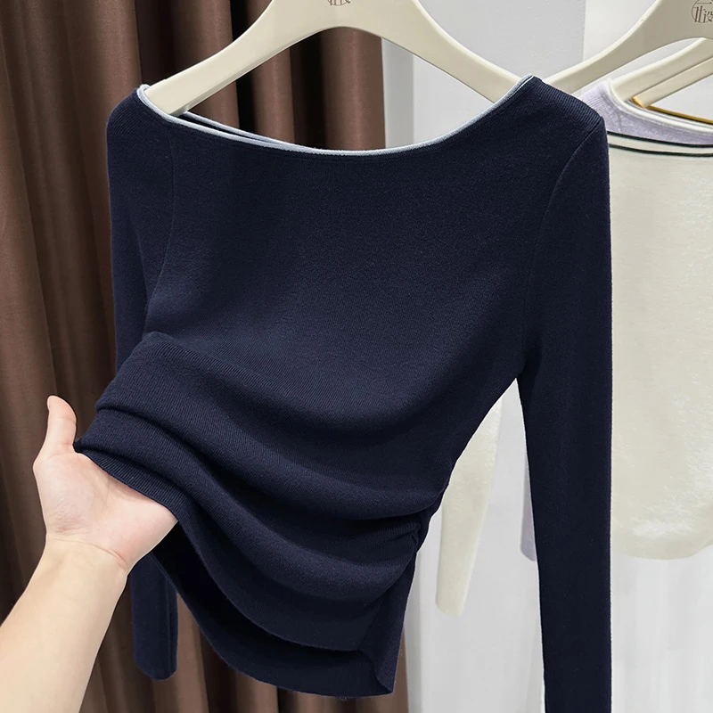撞色斜肩上衣女小众侧边抽褶设计感显瘦藏蓝色长袖内搭掐腰打底衫