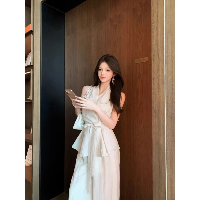 蝴蝶结系带V领背心女夏季高腰休闲裤长裤两件套