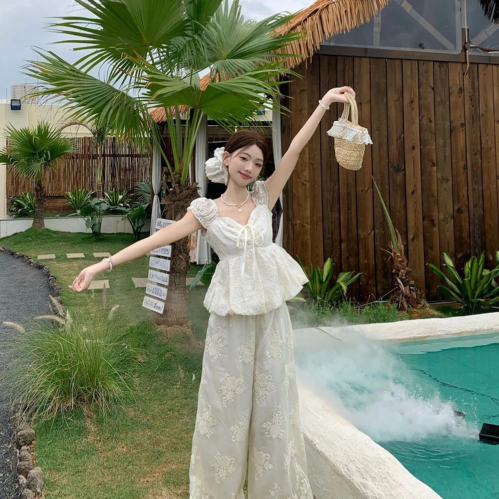 法式系带显瘦花苞蕾丝衫高腰阔腿休闲长裤夏季新款时尚套装女