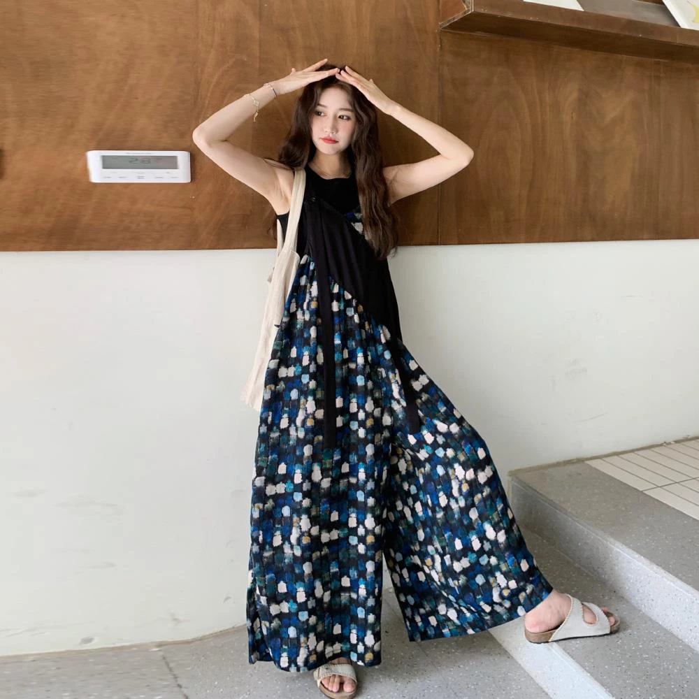 黑色复古油画风印花连体裤女2025夏新款气质慵懒设计感小众阔腿裤